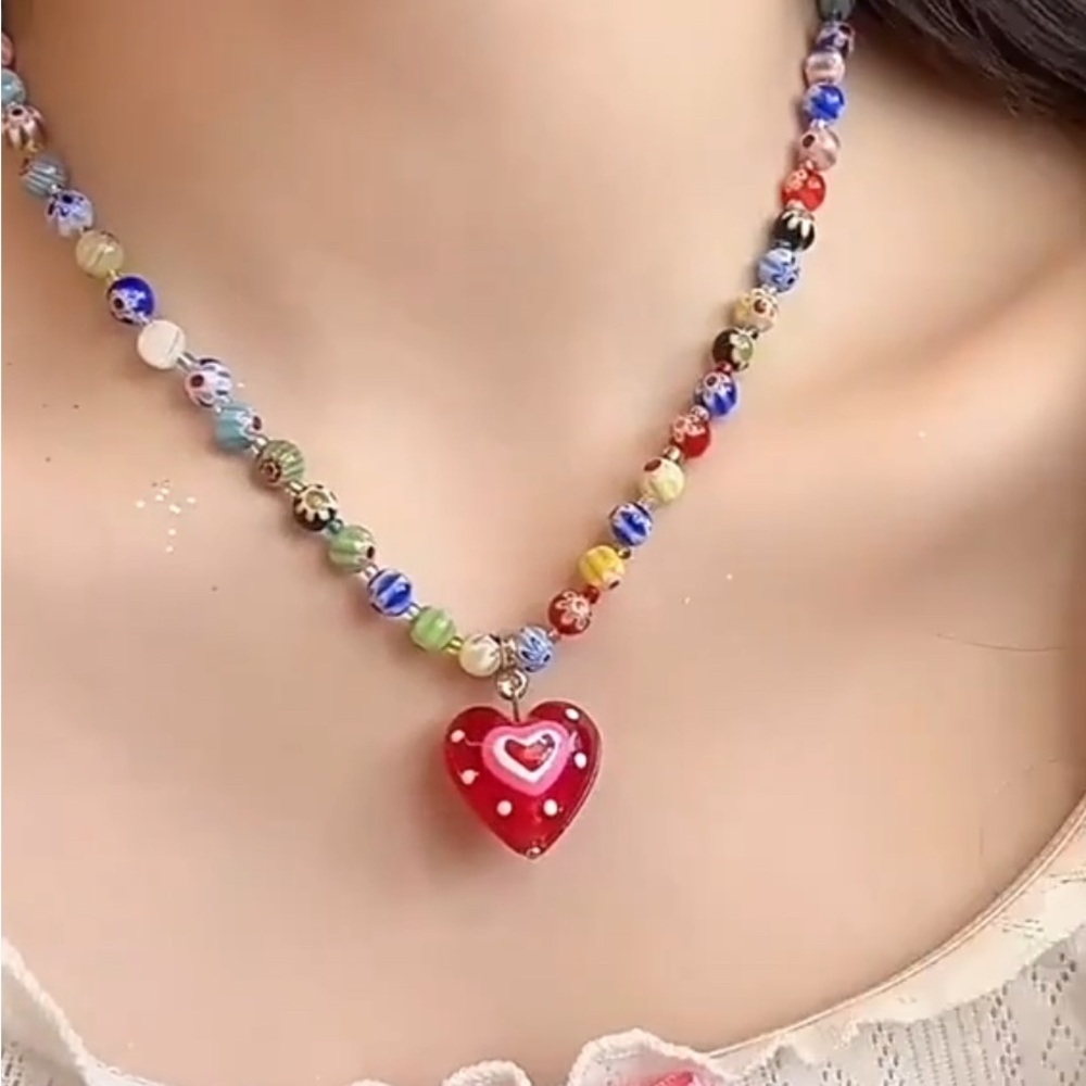 New glass heart colourful Beaded Heart Necklace new
